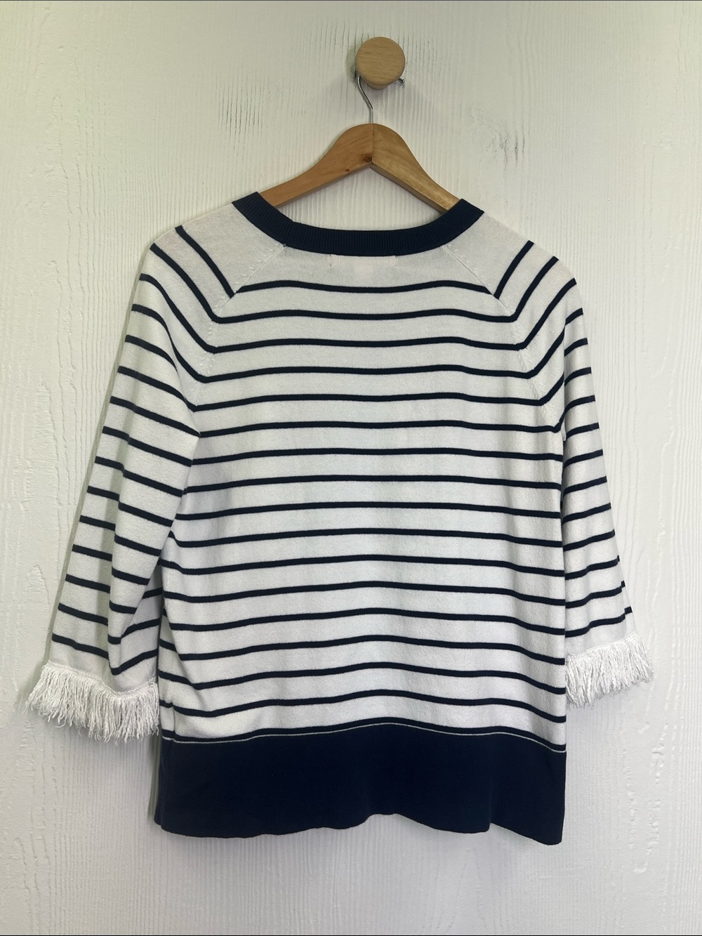 Lilly Pulitzer - Dasha True Navy White Stripe Fringe Sleeve Sweater Size Medium - Picture 11 of 11